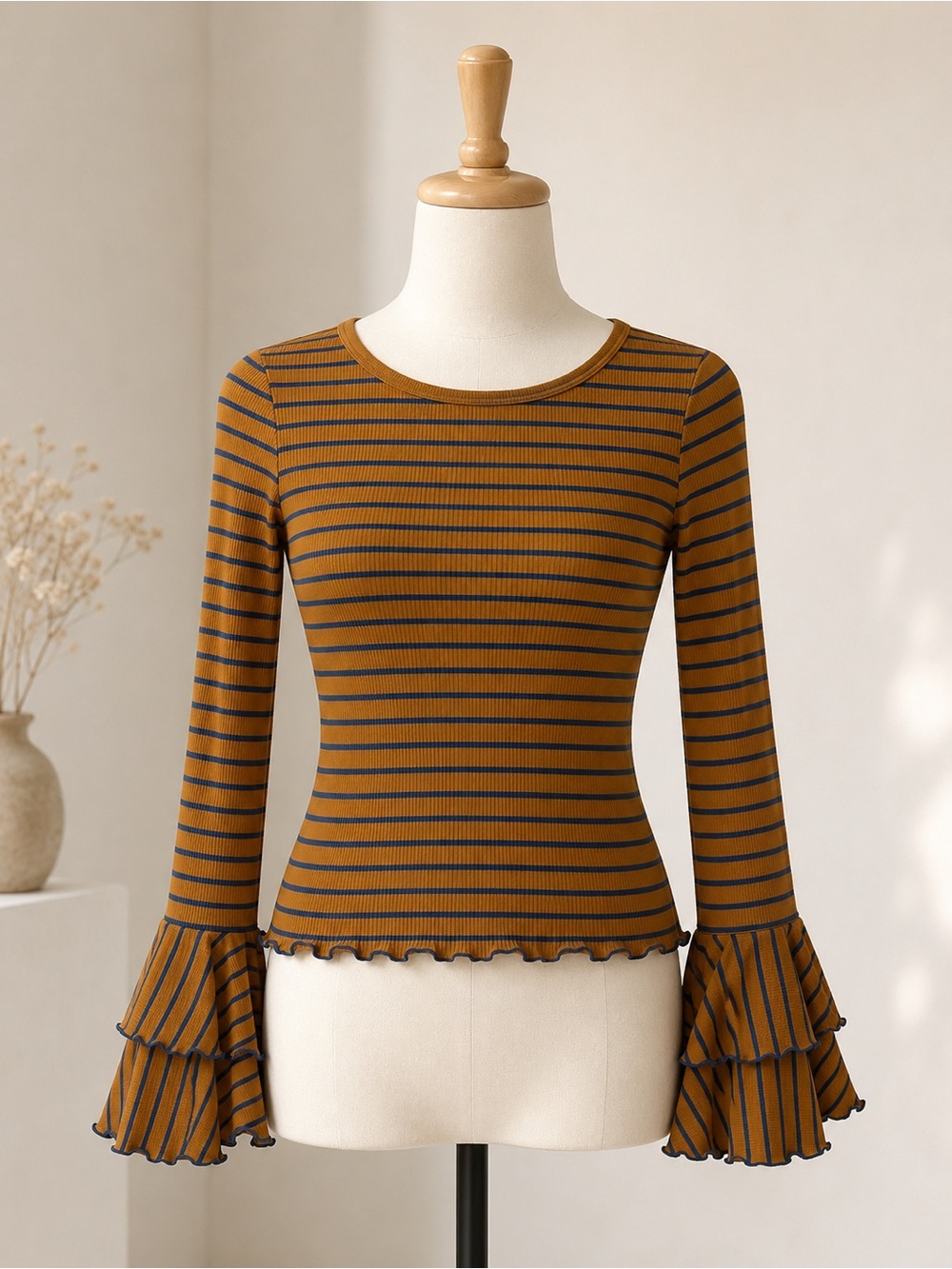 We The Free Mustard and Navy Ribbed Striped Bell-Sleeve Top